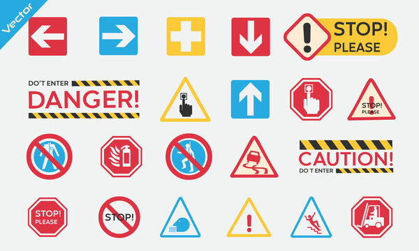 Attention-boards-admittance-symbols-stop-hand,-Traffic-stop-restricted-and-dangerous-vector