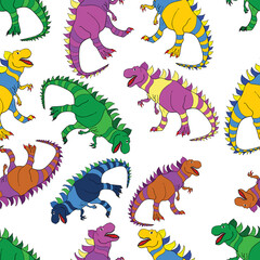 Seamless pattern with dinosaurs. Colored lizard-like dinosaurs for packaging or clothing. Saurischian dinosaurs.