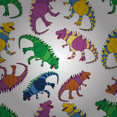 Fototapeta premium Seamless pattern with dinosaurs. Colored lizard-like dinosaurs for packaging or clothing. Saurischian dinosaurs.