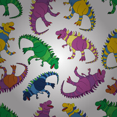 Obraz premium Seamless pattern with dinosaurs. Colored lizard-like dinosaurs for packaging or clothing. Saurischian dinosaurs.