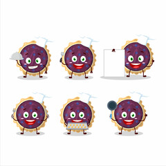 Cartoon character of blueberry pie with various chef emoticons