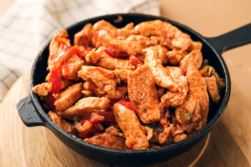 Frying pan with traditional Mexican Fajita on table, closeup