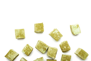 Delicious hojicha marshmallows on white background