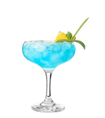 Glass of Blue Lagoon cocktail on white background