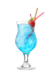 Glass of Blue Lagoon cocktail on white background