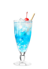 Glass of Blue Lagoon cocktail on white background