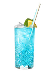 Glass of Blue Lagoon cocktail on white background