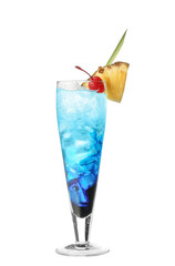 Glass of Blue Lagoon cocktail on white background