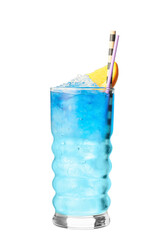 Glass of Blue Lagoon cocktail on white background