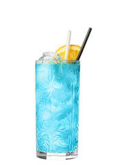 Glass of Blue Lagoon cocktail on white background