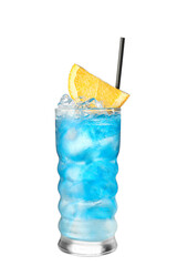 Glass of Blue Lagoon cocktail on white background