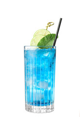 Glass of Blue Lagoon cocktail on white background