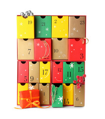 Winter advent calendar with jewelry and gift on white background
