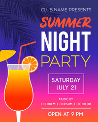 Summer night party vector illustration with drinks and palm leaf for poster, banner, flyer, invitation card template.
