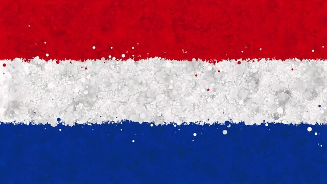 Colorful animation of the flag of the Netherlands, gradually emerging from a moving swirling cloud consisting of many colorful small particles. The particles rotate to form the Dutch national flag.
