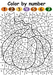 Pumpkin vegetable color by number game vector illustration. Funny hand-drawn educational puzzle with colors and numbers vertical printable worksheet. Autumn season activity page for children vector