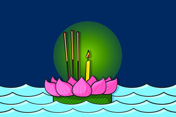 Kra Tong and river in drawing style vector. Colorful Thailand Loy Kra Tong fastival concept background.
