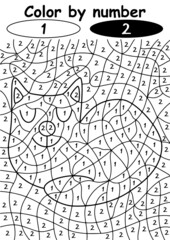 Cute sleeping kitten color by number vector illustration. Happy hand-drawn cat color by number game with black and white colors vertical printable worksheet vector