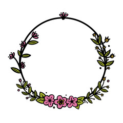 Vintage wreath divider with handdrawn flowers. Circle doodle wreath with colored leaves and flowers. Doodle vector illustration isolated in white background