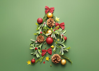 Christmas tree made of decorations, branches and pine cones on color background