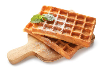 Board with yummy Belgian waffles and mint on white background