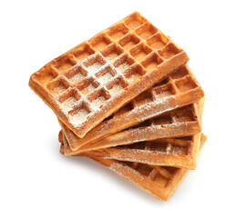 Stack of yummy Belgian waffles on white background