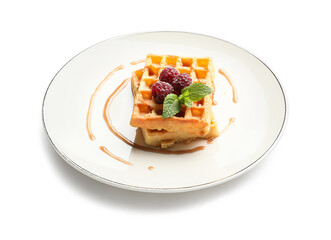 Plate of tasty Belgian Waffles with raspberry on white background