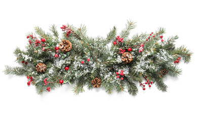 Christmas fir branches and pine cones on white background