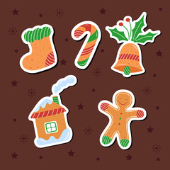 Stickers of New Year and Christmas cookies - a sock, a bell, a candy, a ginger man and a house on a brown background with stars, snowflakes and circles. Vector illustration, eps10