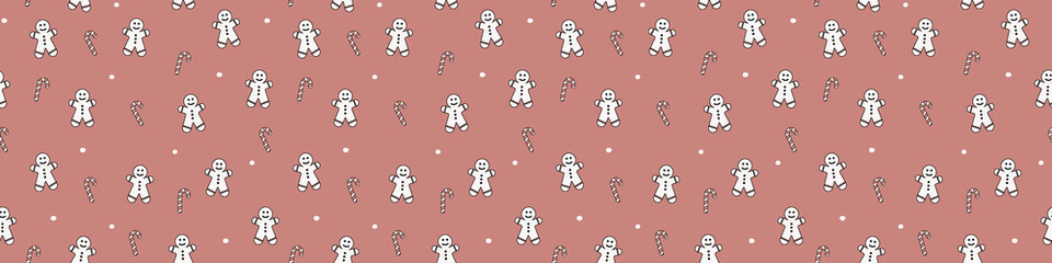 Christmas pattern with smiley gingerbread cookies and candies. Banner. Vector