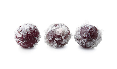 Tasty sugared cranberries on white background