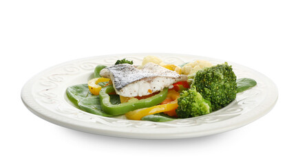 Plate of tasty sea bass fish with vegetables on white background