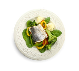 Plate of tasty sea bass fish with vegetables on white background