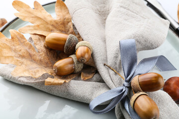Fototapeta na wymiar Stylish autumn table setting with acorns, closeup
