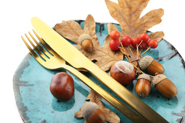 Stylish autumn table setting with acorns, closeup