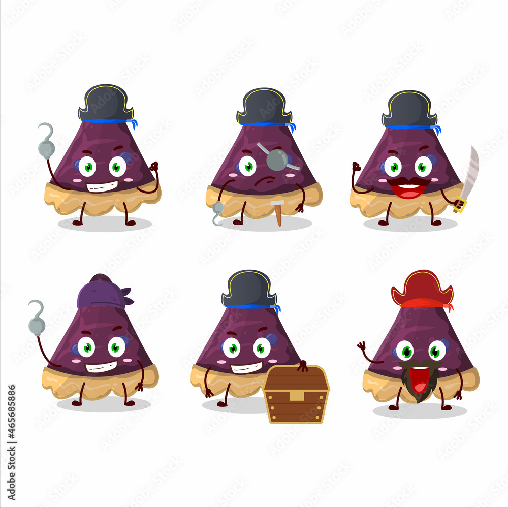 Sticker Cartoon character of slice of blueberry pie with various pirates emoticons