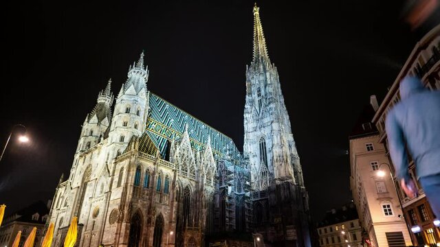 Time lapse of the St. Stephen's Cathedral in evening lights, in Wien, Austria