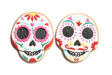 Skull shaped cookies for Mexico's Day of the Dead (El Dia de Muertos) on white background