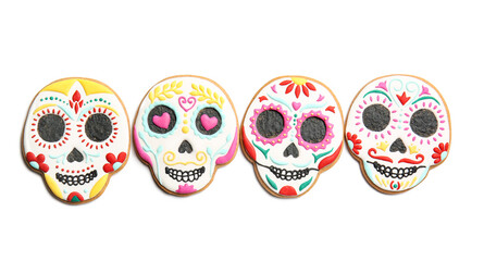 Skull shaped cookies for Mexico's Day of the Dead (El Dia de Muertos) on white background