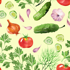 Vegetable seamless pattern with tomatoes, cucumber,  garlic, dill and parsley watercolour. Hand drawn vegetables in watercolour style. Background for paper, textile, decoration and wrapping