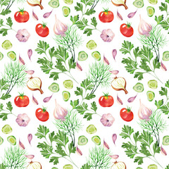 Vegetable seamless pattern with tomatoes, cucumber,  garlic, dill and parsley watercolour. Hand drawn vegetables in watercolour style. Background for paper, textile, decoration and wrapping