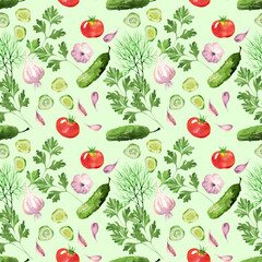 Vegetable seamless pattern with tomatoes, cucumber,  garlic, dill and parsley watercolour. Hand drawn vegetables in watercolour style. Background for paper, textile, decoration and wrapping