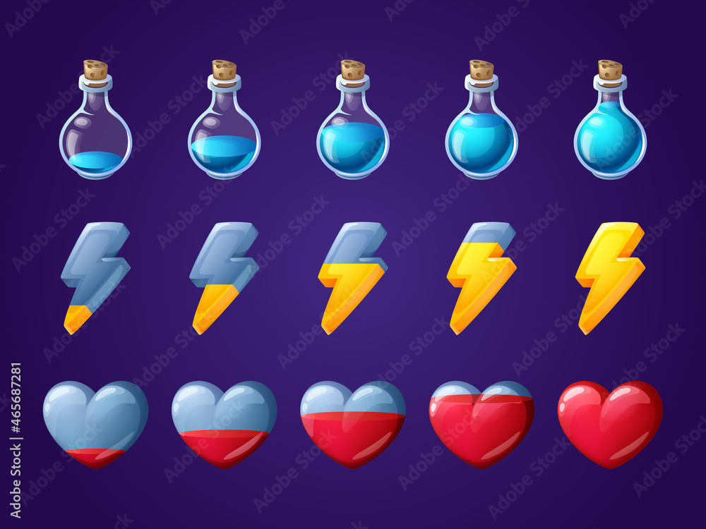 Poster game icons of heart, lightning and potion bottle with fill progress. vector cartoon set of ui design