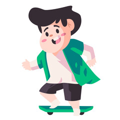 kids children with green clothes is playing skateboard have fun sport without using safety standard like helmet modern color isolated background vector illustration