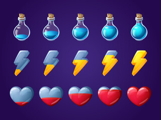 Game icons of heart, lightning and potion bottle with fill progress. Vector cartoon set of ui design elements, status icons of health, energy and resource in computer or mobile game © klyaksun