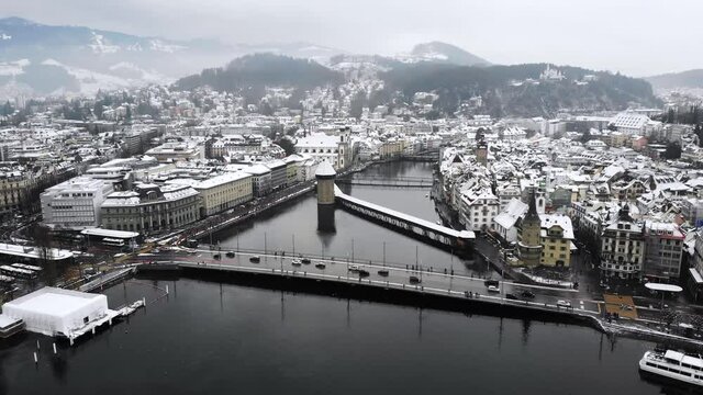 Aerial view of Lucerne, Switzerland as the city is covered in snow in winter
