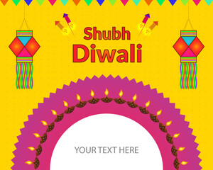 Diwali banner template with diya and decorative elements on yellow background. Diwali 2021 big offer sale background with copy space.