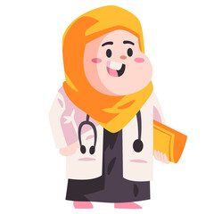 muslim doctor with white dress using stethoscopehold on medical record children girl play modern cartoon vector illustration