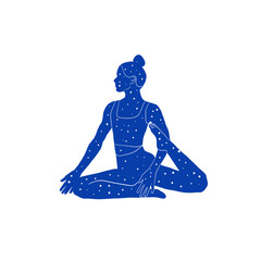 Boho woman in yoga pose. Space sky in body. Asana. 