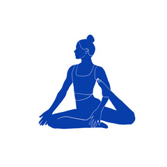 Woman doing yoga. Linear silhouette of female figure. Blue Mattise style drawing. Boho style. 